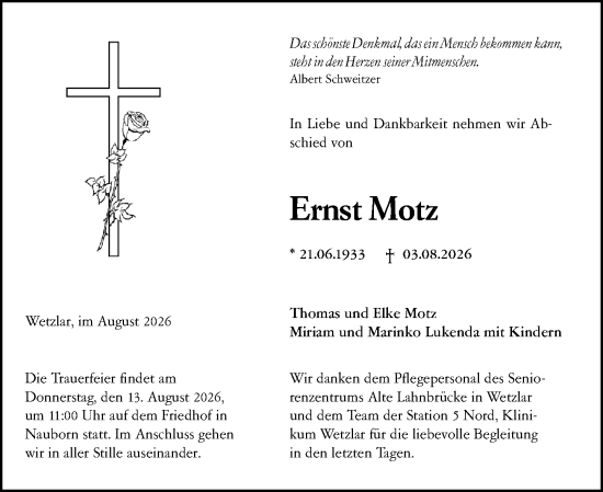 Traueranzeige von Ernst Motz von Wetzlarer Neue Zeitung