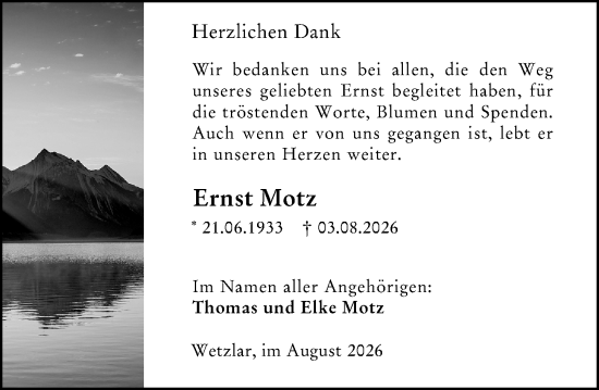 Traueranzeige von Ernst Motz von Wetzlarer Neue Zeitung