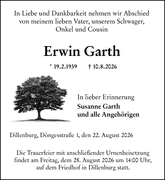 Traueranzeige von Erwin Garth von Hinterländer Anzeiger