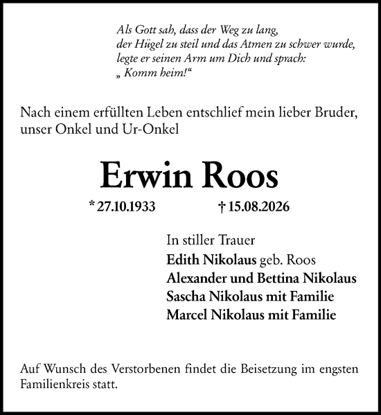 Traueranzeige von Erwin Roos von Wiesbadener Kurier