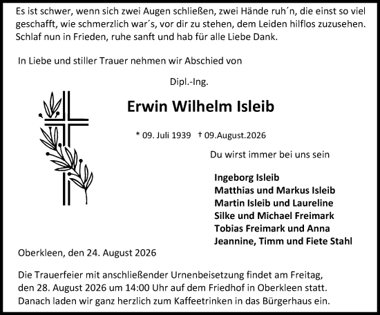 Traueranzeige von Erwin Wilhelm Isleib von Wetzlarer Neue Zeitung