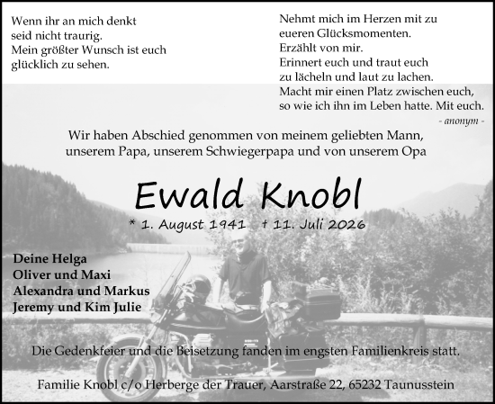 Traueranzeige von Ewald Knobl von Wiesbadener Kurier