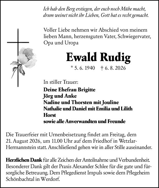 Traueranzeige von Ewald Rudig von Wetzlarer Neue Zeitung