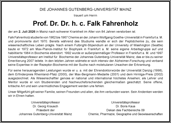 Traueranzeige von Falk Fahrenholz von Allgemeine Zeitung Mainz