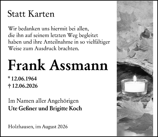 Traueranzeige von Frank Assmann von Hinterländer Anzeiger
