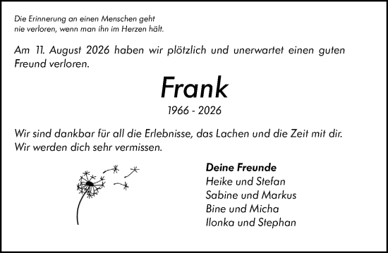 Traueranzeige von Frank Blodt von Allgemeine Zeitung Mainz