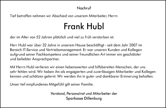 Traueranzeige von Frank Hubl von Dill Block