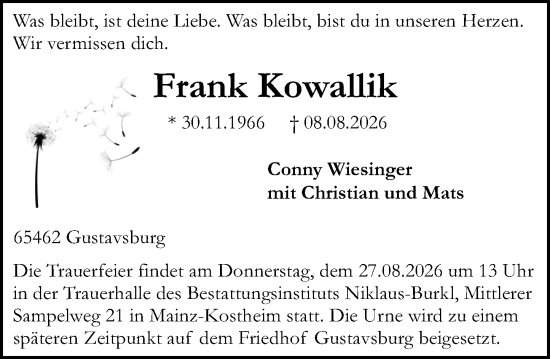 Traueranzeige von Frank Kowallik von Rüsselsheimer Echo