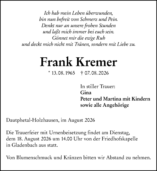 Traueranzeige von Frank Kremer von Hinterländer Anzeiger