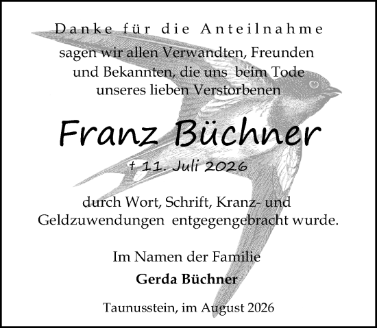 Traueranzeige von Franz Büchner von Wiesbadener Kurier