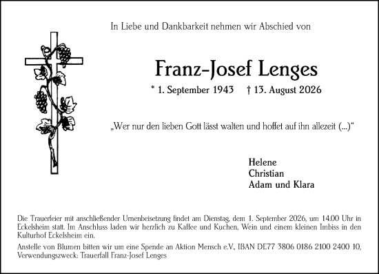 Traueranzeige von Franz-Josef Lenges von Allgemeine Zeitung Alzey