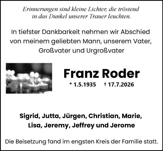 Traueranzeige von Franz Roder von Allgemeine Zeitung Mainz