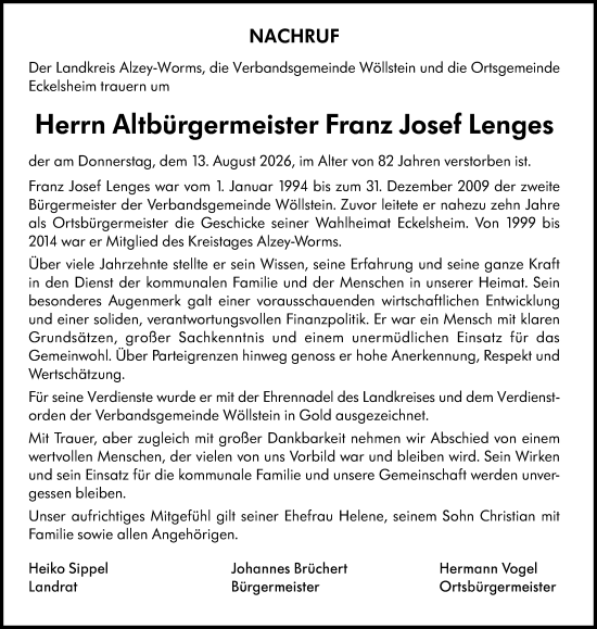 Traueranzeige von Franz Josef Lenges von Allgemeine Zeitung Alzey