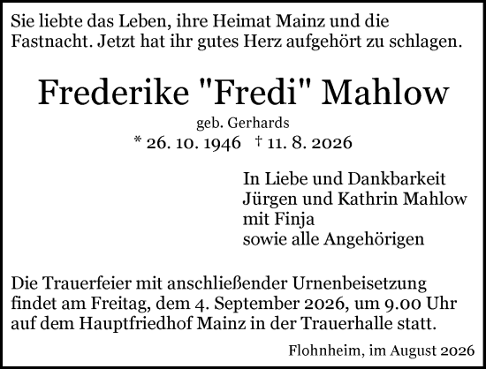Traueranzeige von Frederike Mahlow von Allgemeine Zeitung Alzey