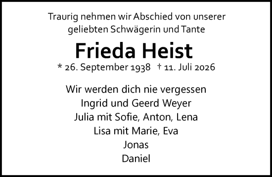 Traueranzeige von Frieda Heist von Allgemeine Zeitung Mainz