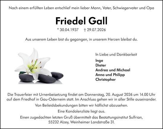 Traueranzeige von Friedel Gall von Allgemeine Zeitung Alzey