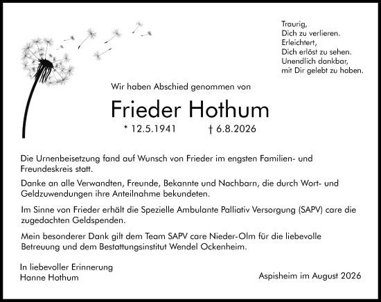 Traueranzeige von Frieder Hothum von Allgemeine Zeitung Rheinhessen-Nahe