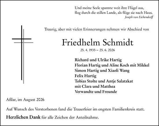 Traueranzeige von Friedhelm Schmidt von Wetzlarer Neue Zeitung