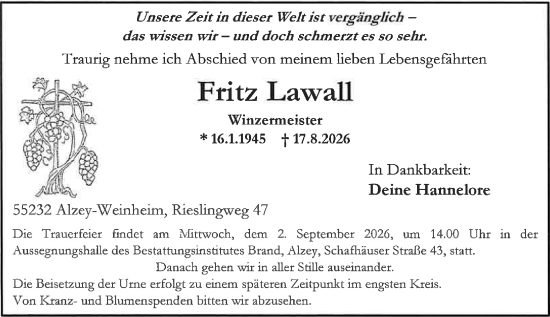 Traueranzeige von Fritz Lawall von Allgemeine Zeitung Alzey