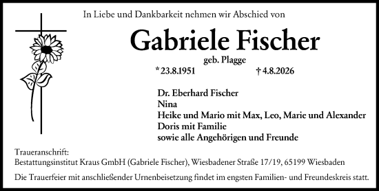 Traueranzeige von Gabriele Fischer von Wiesbadener Kurier