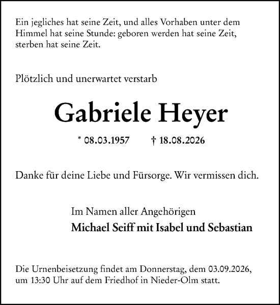 Traueranzeige von Gabriele Heyer von Allgemeine Zeitung Mainz