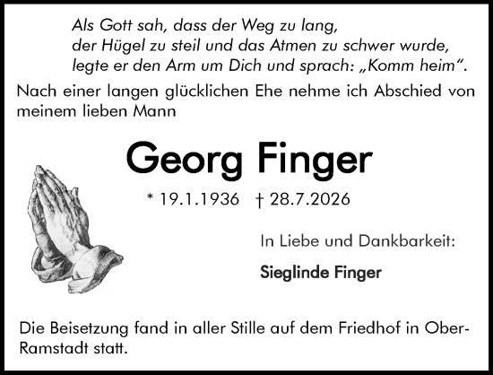 Traueranzeige von Georg Finger von Darmstädter Echo