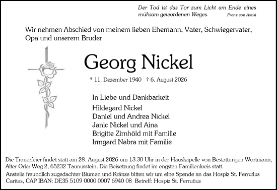 Traueranzeige von Georg Nickel von Wiesbadener Kurier