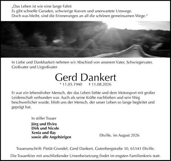Traueranzeige von Gerd Dankert von Rheingau Kurier