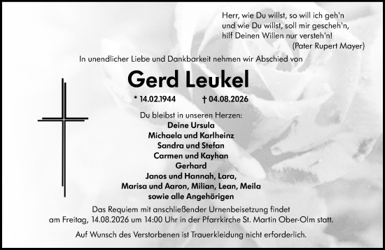 Traueranzeige von Gerd Leukel von Allgemeine Zeitung Mainz