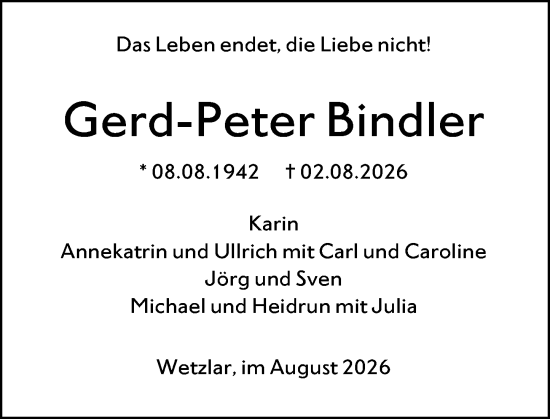 Traueranzeige von Gerd-Peter Bindler von Wetzlarer Neue Zeitung