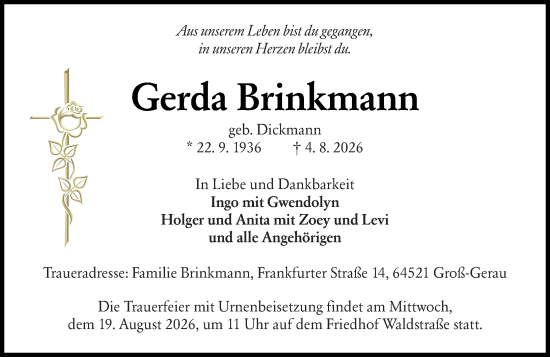 Traueranzeige von Gerda Brinkmann von Groß-Gerauer Echo