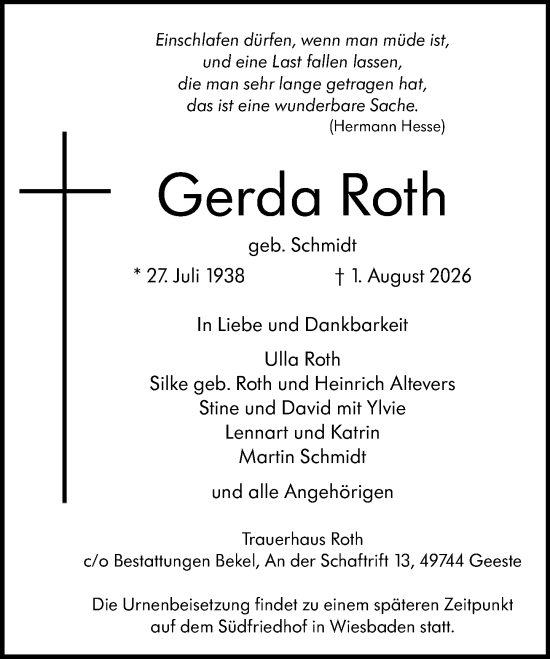Traueranzeige von Gerda Roth von Wiesbadener Kurier