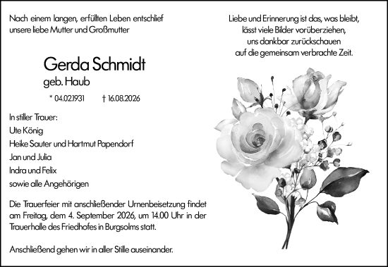 Traueranzeige von Gerda Schmidt von Wetzlarer Neue Zeitung