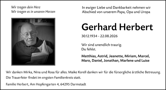 Traueranzeige von Gerhard Herbert von Darmstädter Echo