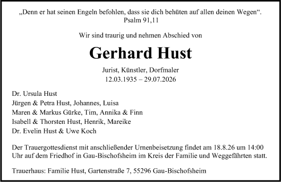 Traueranzeige von Gerhard Hust von Allgemeine Zeitung Mainz