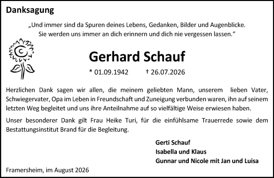 Traueranzeige von Gerhard Schauf von Allgemeine Zeitung Alzey