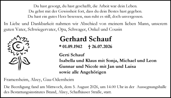 Traueranzeige von Gerhard Schauf von Allgemeine Zeitung Alzey