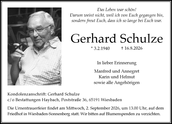 Traueranzeige von Gerhard Schulze von Wiesbadener Kurier
