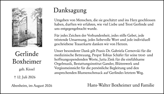 Traueranzeige von Gerlinde Boxheimer von Wormser Zeitung