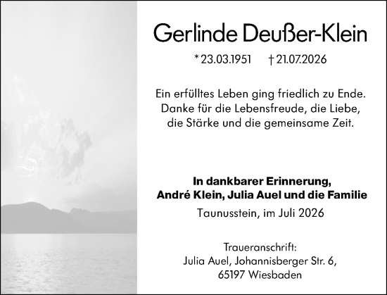 Traueranzeige von Gerlinde Deußer-Klein von Idsteiner Land/Untertaunus