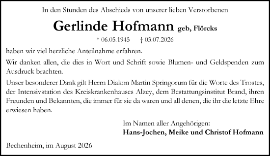 Traueranzeige von Gerlinde Hofmann von Allgemeine Zeitung Alzey