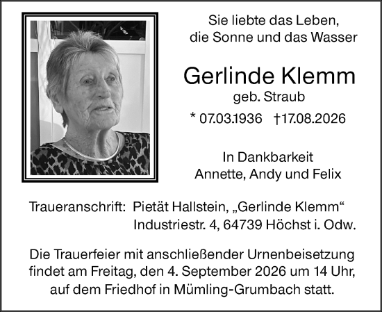 Traueranzeige von Gerlinde Klemm von Odenwälder Echo