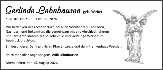 Traueranzeige von Gerlinde Lehnhauser von Wetzlarer Neue Zeitung
