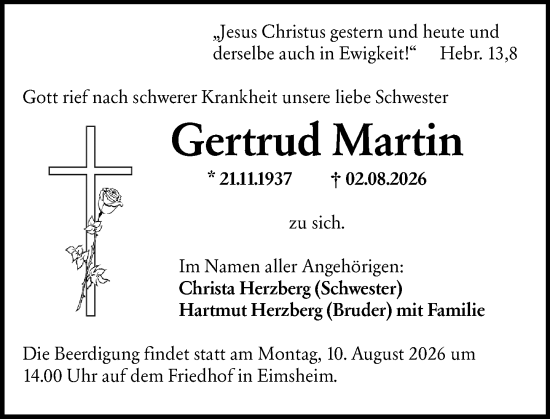 Traueranzeige von Gertrud Martin von Allgemeine Zeitung Mainz