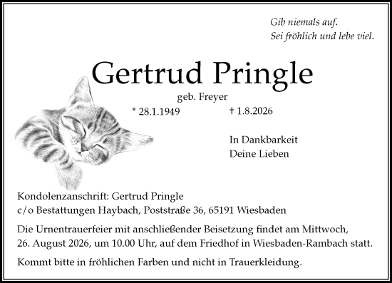 Traueranzeige von Gertrud Pringle von Wiesbadener Kurier