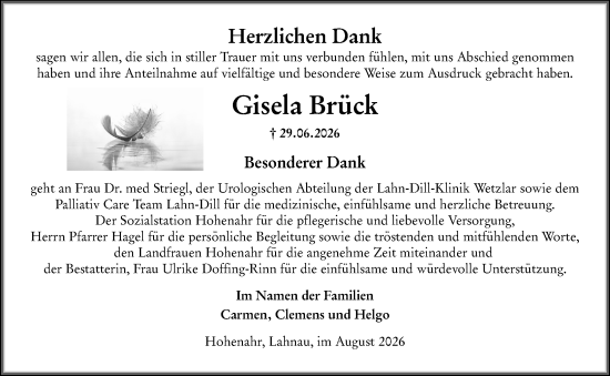 Traueranzeige von Gisela Brück von Wetzlarer Neue Zeitung