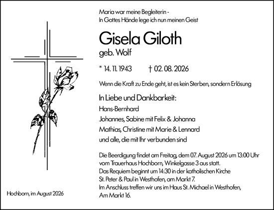 Traueranzeige von Gisela Giloth von Allgemeine Zeitung Alzey