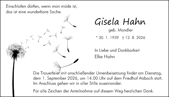 Traueranzeige von Gisela Hahn von Wetzlarer Neue Zeitung
