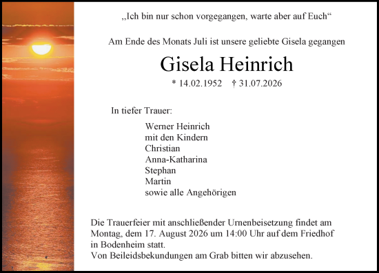 Traueranzeige von Gisela Heinrich von Allgemeine Zeitung Mainz