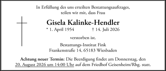Traueranzeige von Gisela Kalinke-Hendler von Wiesbadener Kurier